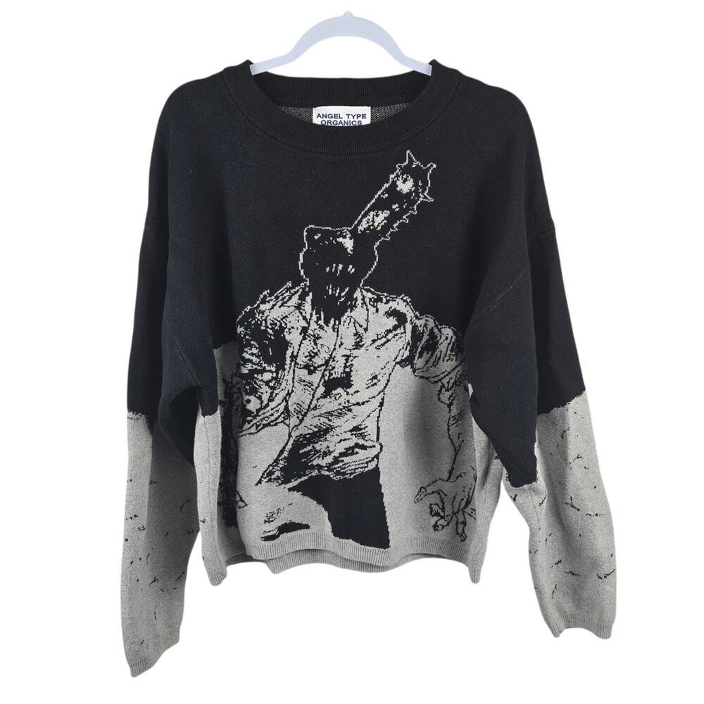 Angel Type Organics Chainsaw Man Inspired Graphic Knit Sweater Cropped Black XL